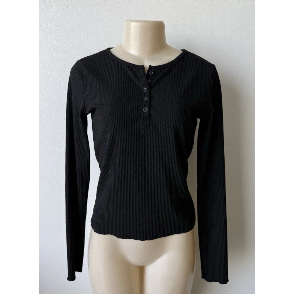 Dazy Half Button Ribbed Knit Henley Long Sleeve Form Fitting Size Large